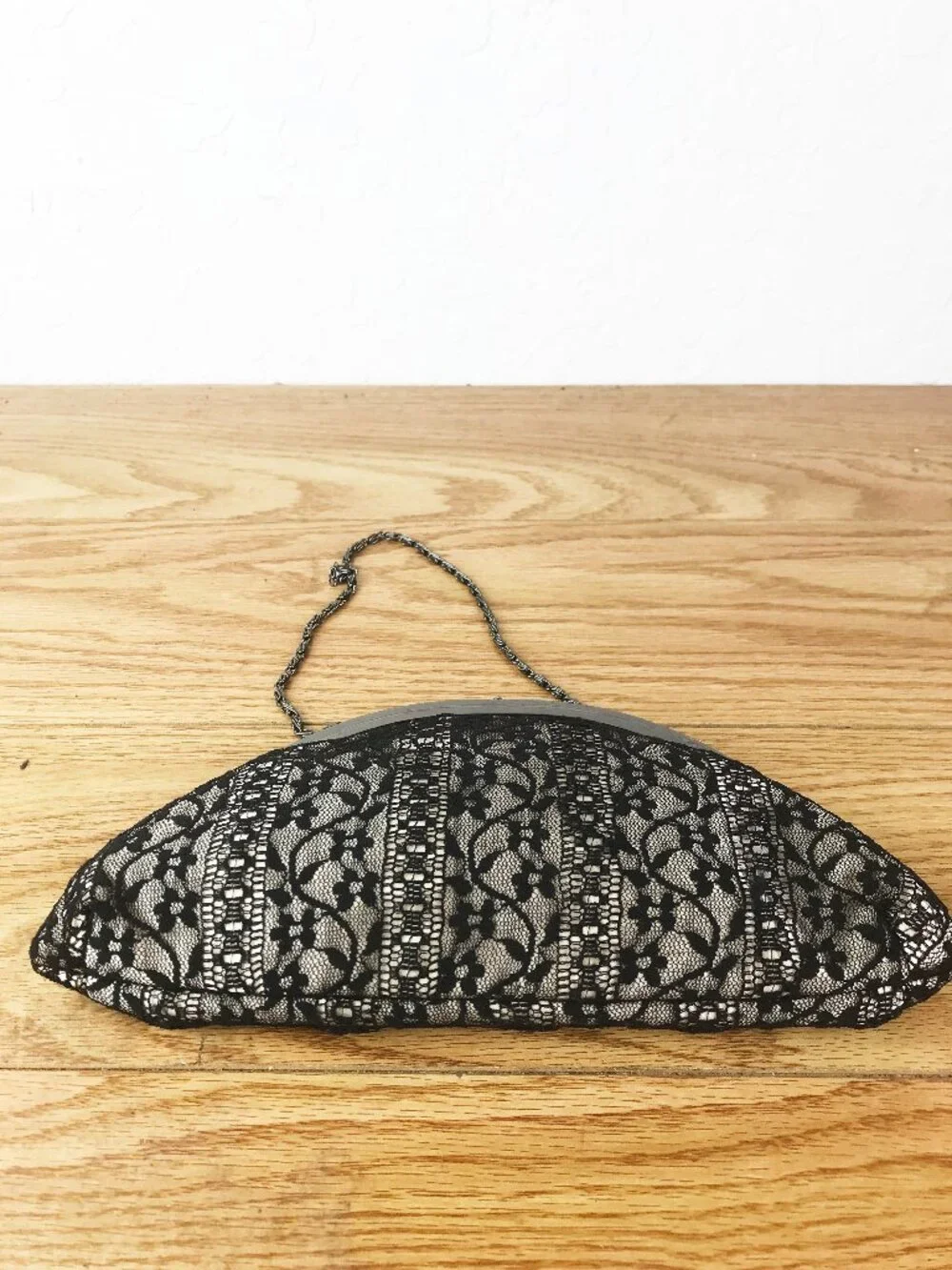 Ken Lady Black Lace Evening Clutch – Champagne Satin, Gunmetal Frame & Cord Stra